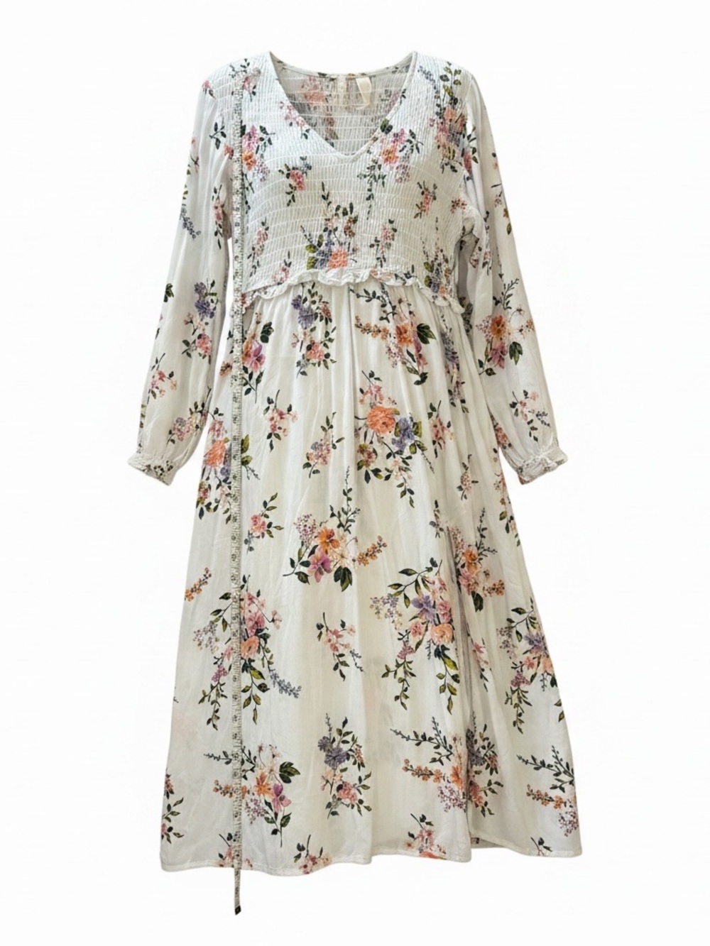 H&M Ivory Floral Midi Dress with Pink and Peach Blooms